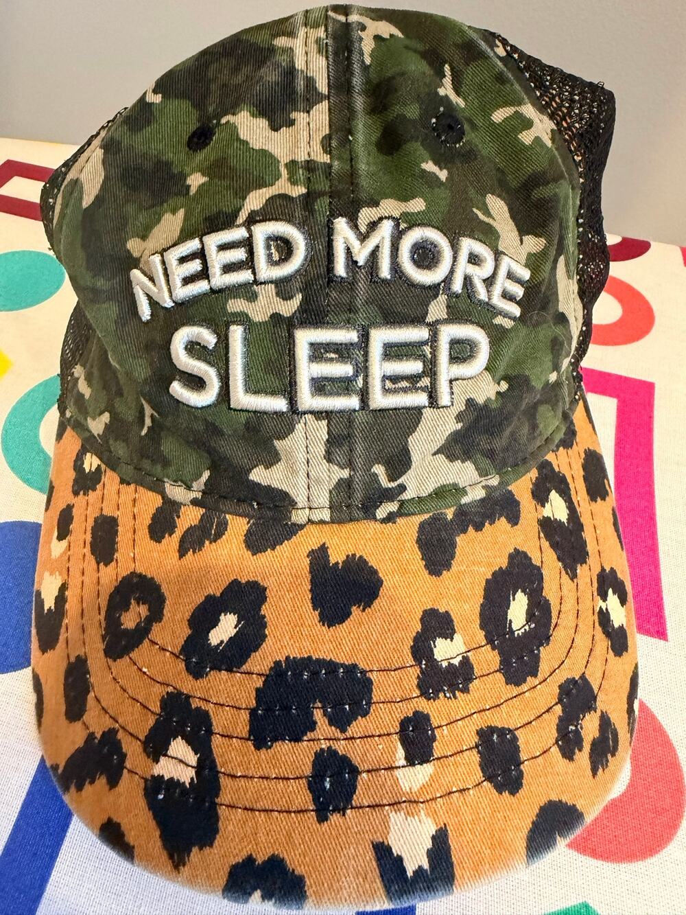 Y2K "Need More Sleep" Camouflage & Cheetah Print Mesh Back Trucker Hat